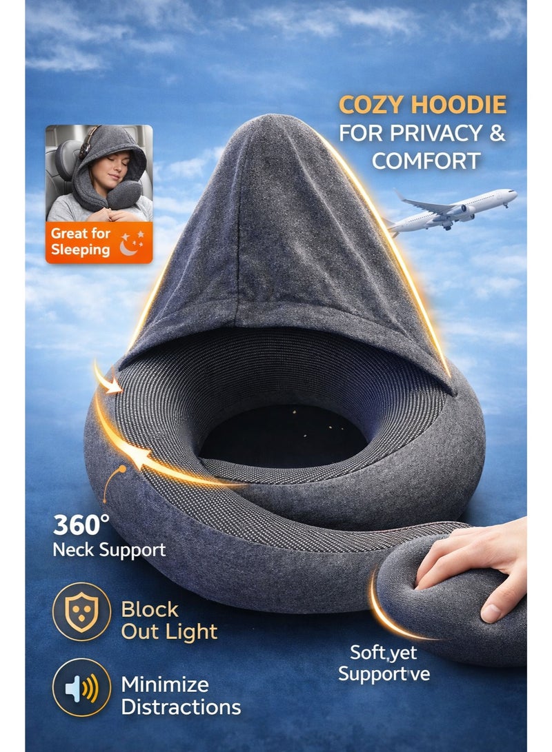 F.A.M.S Luxury Memory Foam Travel Neck Pillow with Privacy Hoodie – 360° Ergonomic Neck Support, Breathable & Machine Washable Cover for Flights, Car & Office - Image 2